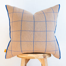 Load image into Gallery viewer, Neutral windowpane modern grid pillow cover in warm beige with cobalt blue lines