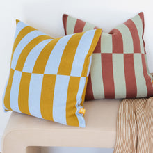 Load image into Gallery viewer, Bold striped and checkerboard cotton pillow covers in mustard, sky blue, wine, and mint green on a beige sofa with knit throw