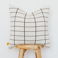 Load image into Gallery viewer, Modern grid pillow cover in soft black with clean back panel and structured corners
