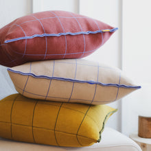 Load image into Gallery viewer, Modern soft cotton knit grid pillows in wine, beige and mustard layered on neutral sofa