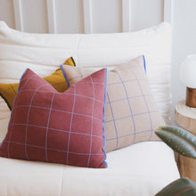 Load image into Gallery viewer, Wine red cotton pillow cover with blue grid pattern styled on white sofa