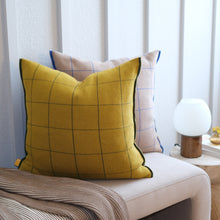 Load image into Gallery viewer, Mustard yellow cotton knit pillow with green stitching and modern windowpane grid pattern