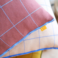 Load image into Gallery viewer, Modern cotton grid pillows in beige and wine layered on neutral sofa