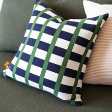 Load image into Gallery viewer, Contrast Stripe Knit Pillow Cover – Navy &amp; Green Color Block | Studio Grid Series
