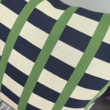 Load and play video in Gallery viewer, Contrast Stripe Knit Pillow Cover – Navy &amp; Green Color Block | Studio Grid Series
