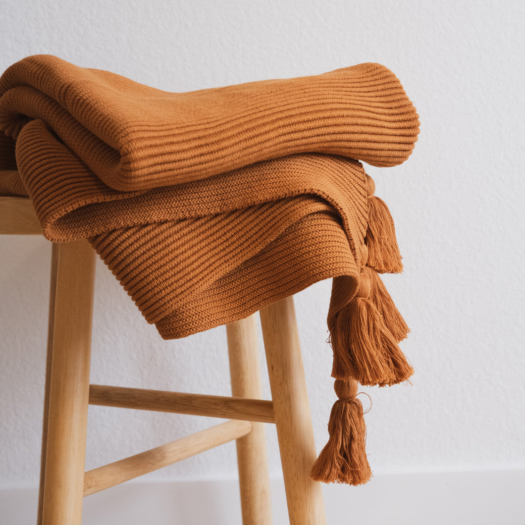 Textured Raised Stripes Rib Knit Throw Blanket with Tassels